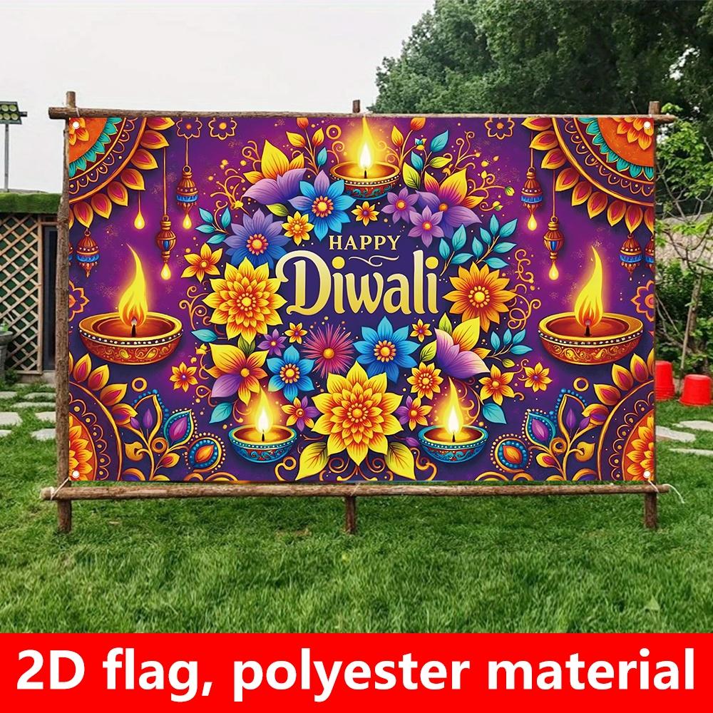 1 extra large Diwali decoration flag dark purple background Indian festival party banner floral pattern