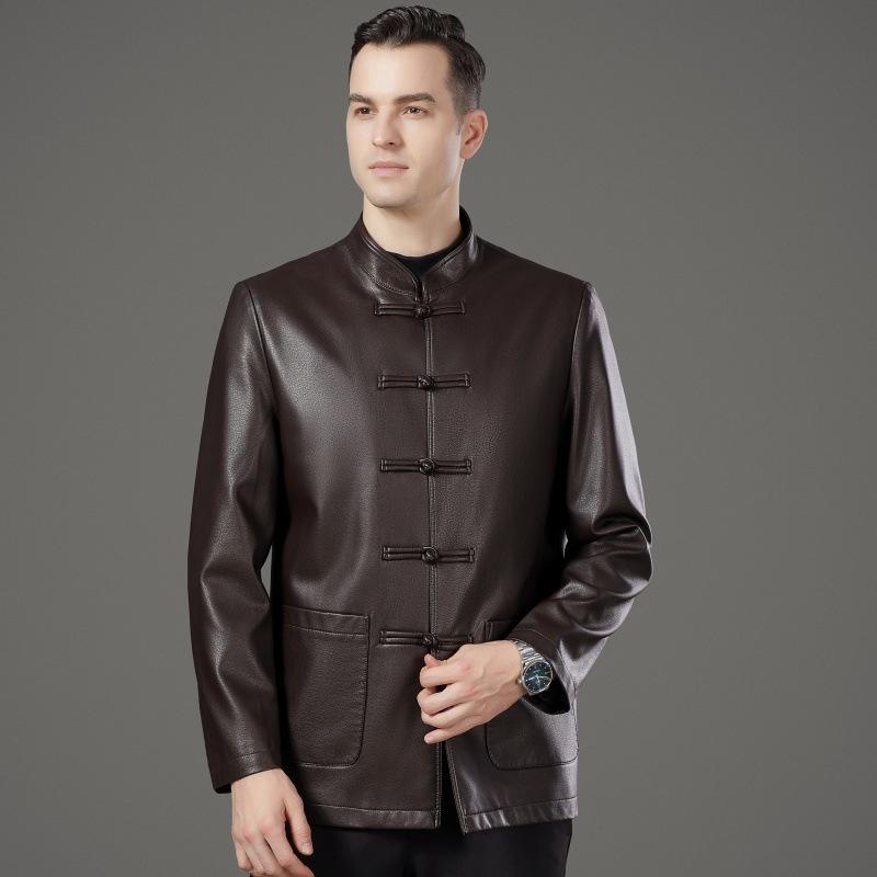 Genuine leather jacket for middle-aged men with stand-up collar and Chinese style new spring and autumn Tang suit sheepskin jacket casual dad jacket