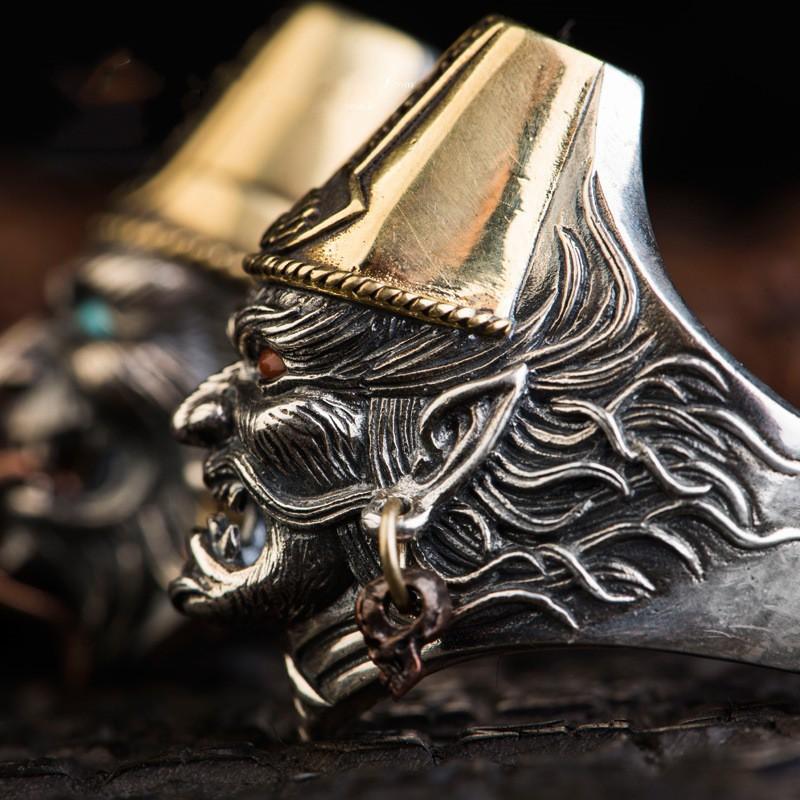 Adjustable Open Ring Men Women Vintage Chinese Folklore White Black Impermanence Guardian Sculpted Plated Band