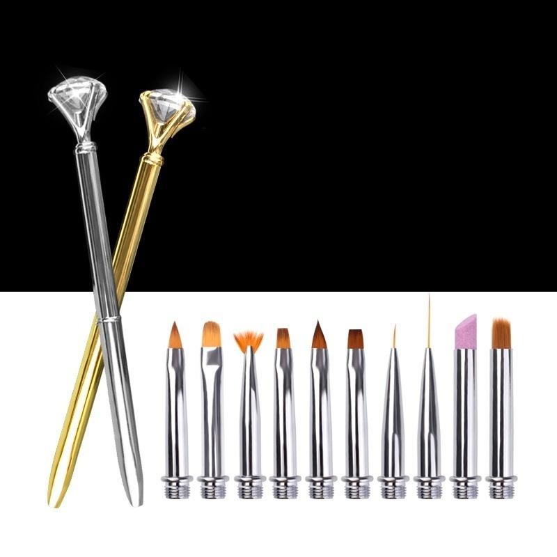 10 In 1 Replaceable Painting Nail Brush Set Rhinestone Drawing Line Color Crystal Phototherapy for Design Soft Slender Nail Pen