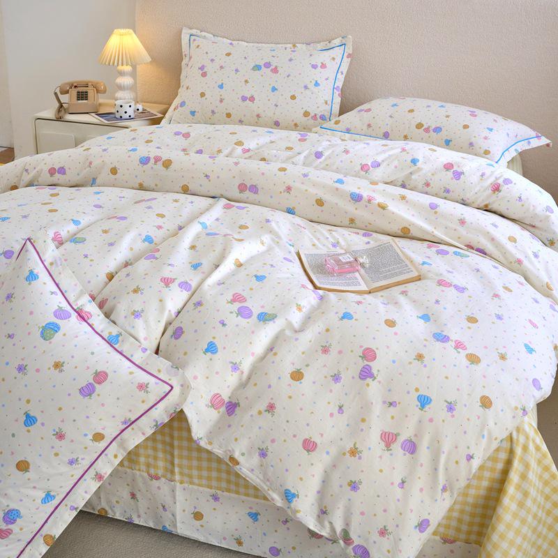 Fresh & Simple Pure Cotton Four-Piece Printed Dorm Set – Includes Three-Piece All-Cotton Bed Sheet, Bed Skirt, and Bedding Set.
