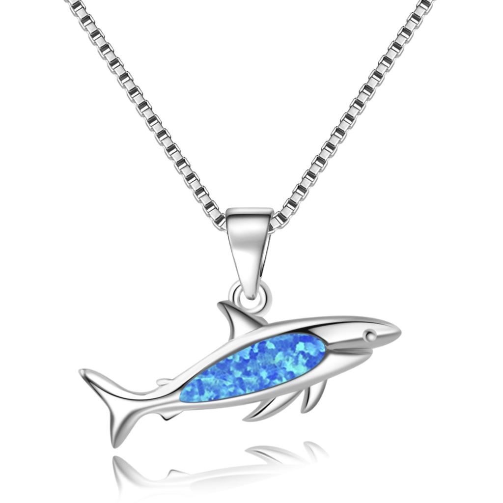 Dainty Blue Opal Shark Pendant Necklace with Sweater Chain