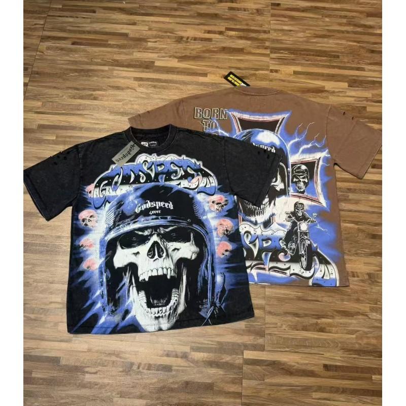 Mens Oversized Graphic Tee With Skull Print Washed Vintage Cotton T-Shirt Loose Fit Short Sleeve Crew Neck