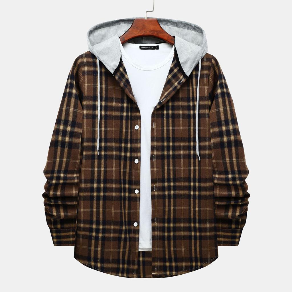 Autumn New Men's Casual Fashion Couple Hooded Plaid Long Sleeve Shirt Trend