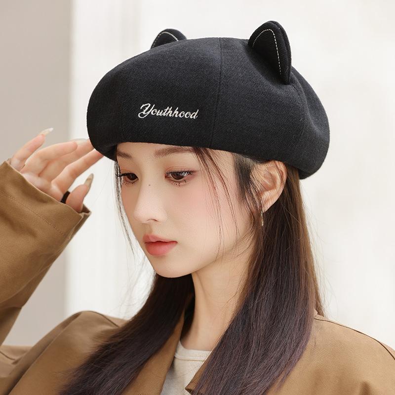 

Сладкий и милый берет с кошачьими ушками, универсальная куполообразная восьмиугольная шляпа, для большого обхвата головы, подчеркивающая лицо, маленькая осенняя шляпка женская One Size