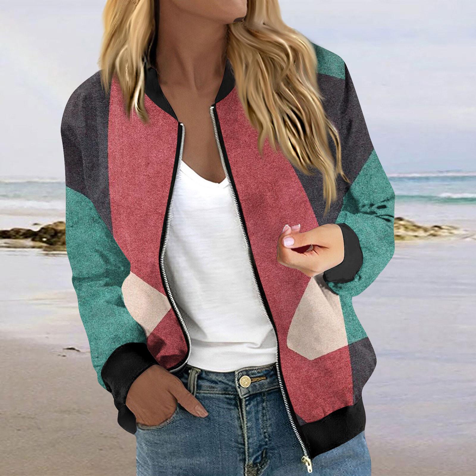 

Женская модная повседневная куртка на молнии с принтом и карманами, длинное пальто с рукавами M красный