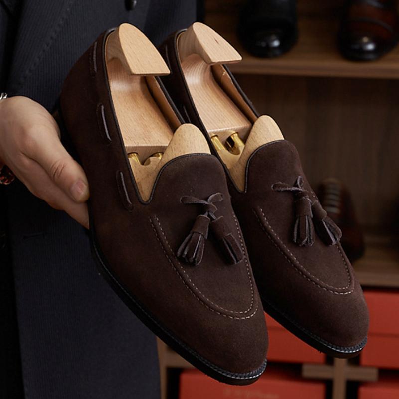 Coffee/Brown Suede Leather Fringe Loafers Shoes
