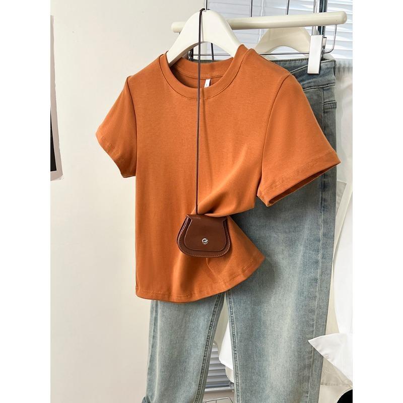 

Летняя простая хлопковая футболка с короткими рукавами для женщин 2025 года, однотонная круглая горловина, модные элегантные базовые футболки, женские повседневные простые футболки, топы 3609 XL оранжевый