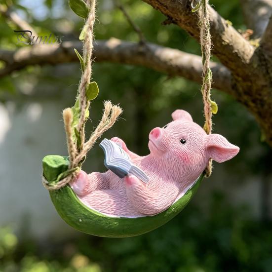 Durable Outdoor Decoration Hanging Resin Pig Figurine, Cute Piggy Lying in Hammock Reading Waterproof Ornament Book Ornament, Animal Sculpture