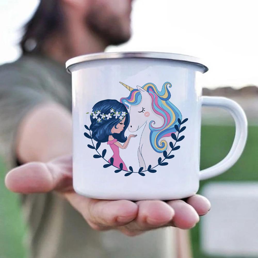 Girl and Unicorn Enamel Cup Drinkware Mugs Coffee Cups Tourist Mug Kawaii Unusual Tea Cup Personalized Gift Cupshe Beer Travel