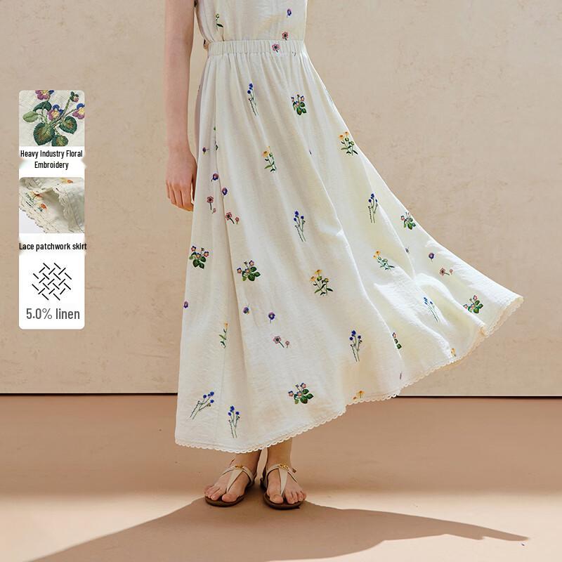 INMAN French Embroidered Linen Floral A-Line Skirt M