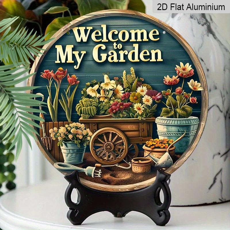 2D Flat, 1pc Vintage Aluminum Welcome To My Garden Sign - Weatherproof Floral Mural Wall Art with Hanging Rope, Rustic Indoor/Outdoor Decor for Home