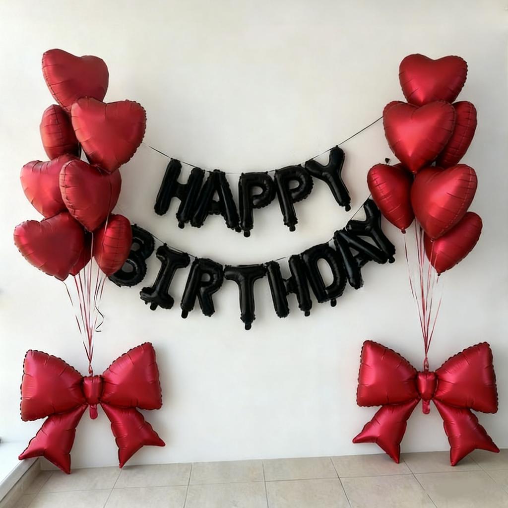 29 PcsBlack Happy Birthday Balloon Set Red Heart Balloon Bow Aluminum Film Balloon Birthday Party Decoration Photography Props