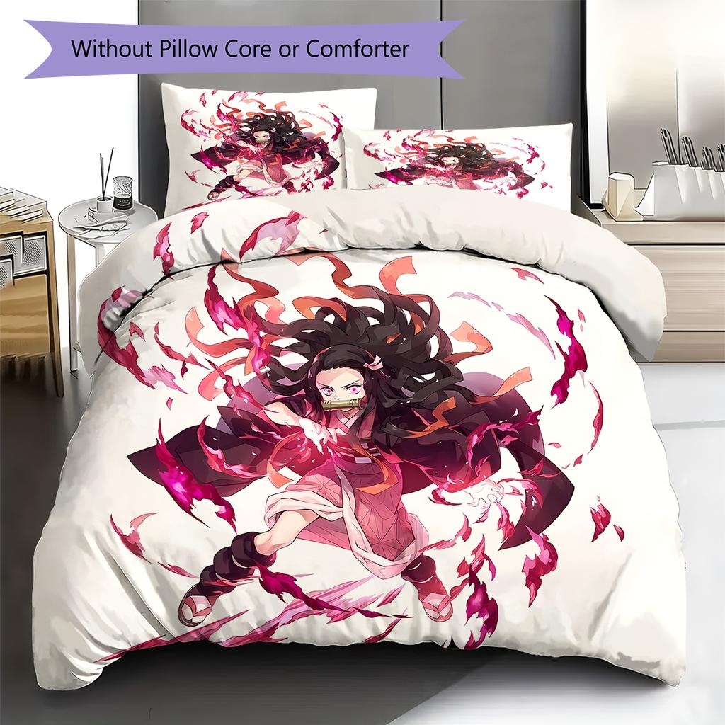 Demon Slayer Pattern Bedding,Quilt Set Quilt Cover Pillowcase Home Birthday Gift (1 * Duvet Cover + 2 * Pillowcase, Without Core)