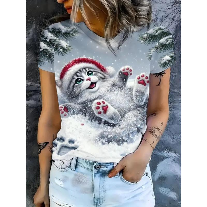 Summer Ladies Christmas 3D Printed Crew Neck T-Shirt Fashion Versatile Trend Breathable Casual