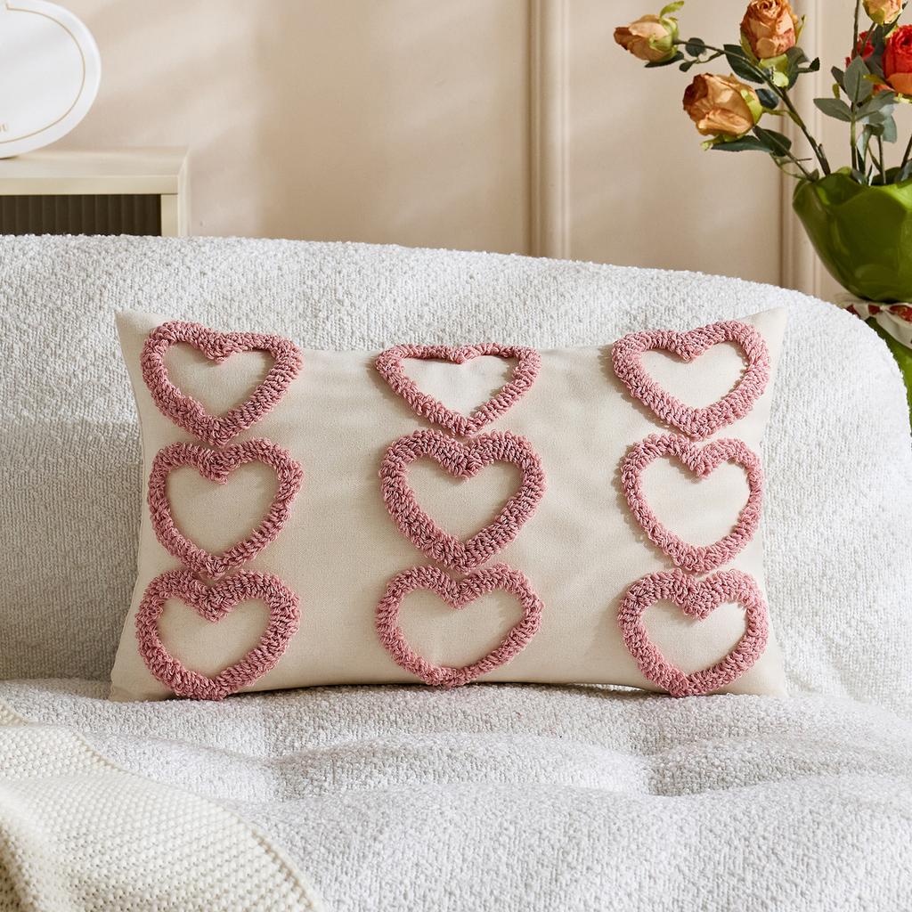 1pc Valentines Lumbar Gift Pillow Case Embroidery Heart Love Throw Cushion Case for Home Bedroom Sofa Couch Wedding Decoration