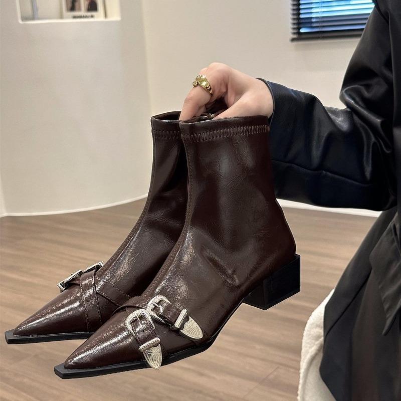 

Женские модные ботильоны с острым носком, короткие ботинки, элегантные женские ботинки на низком каблуке с металлической отделкой, женская обувь 2026 Zapatos De Mujer 35 коричневый