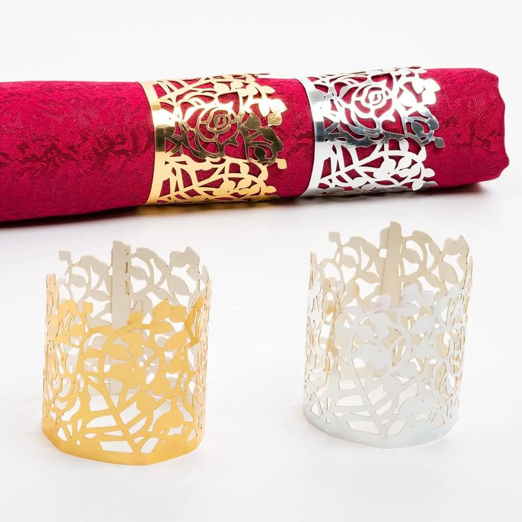 25/50Pcs Disposable Rose Flower Paper Napkin Rings Laser Cut Foil Paper Napkin Holder, Leaf Vine Serviette Rings For Table Decor