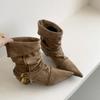 Kitten and Pointed Pleated Straps Stacked Boots 2025 New Retro Suede Flanged Metal Buckle Strap Fashion Short Boots