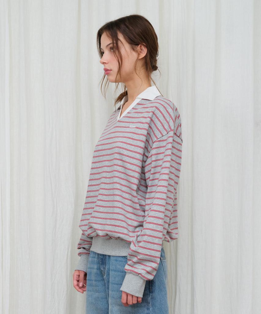 AMES-WORLDWIDE V Neck Collar Stripe Sweatshirt Gray