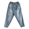 Embroidered Denim Harem Pants Women's Spring Autumn Water Wash Loose Elastic Waist Retro Casual Nine Split Jeans