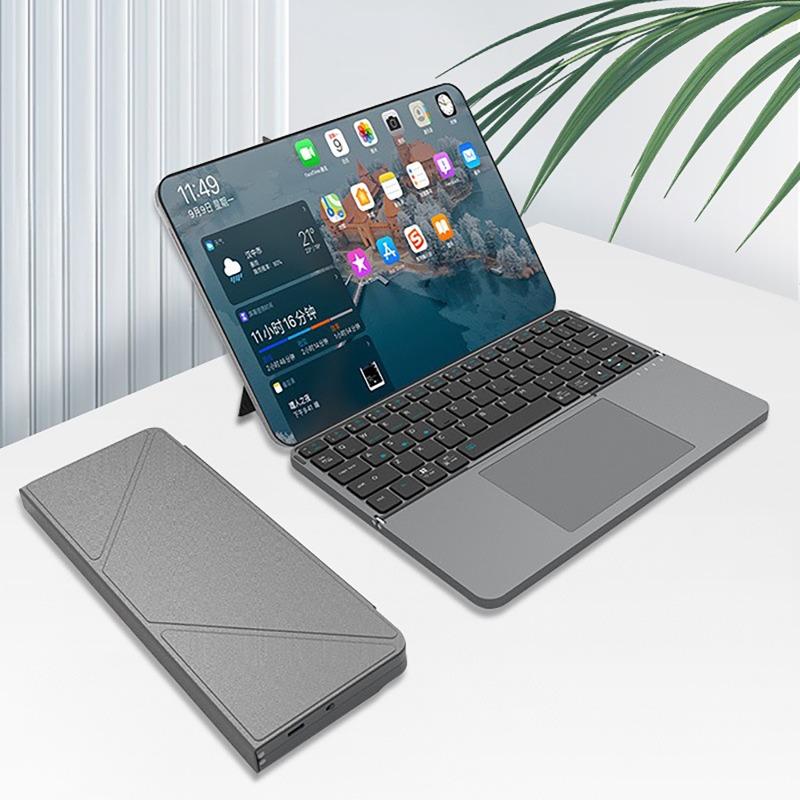 2-in-1 Kabellose Bluetooth 5.0 Faltbare Tastatur Abnehmbarer Lederständer Touch Tragbare Tastatur für Tablet/Telefon/PC Touch