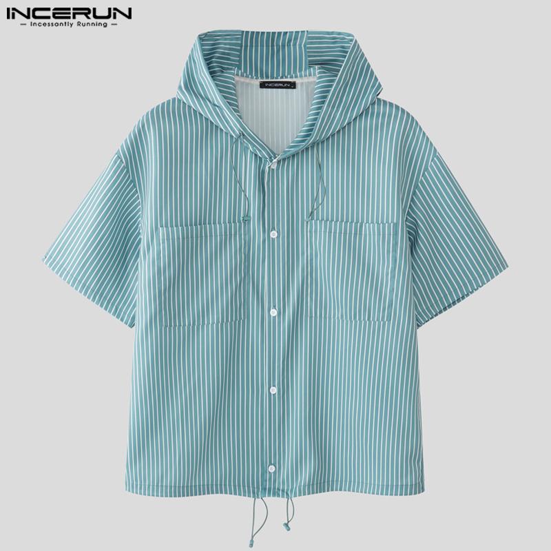 INCERUN Two Piece Sets Men Short Sleeve Striped Hooded Shirts Shorts Outfits