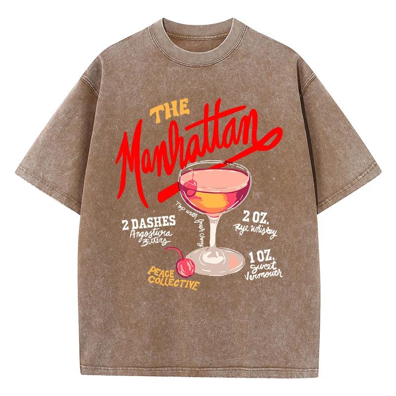 Oversized Women Washed T-Shirts The Manhattan Cherry Cocktail Printed Tee Shirts Distressed Crewneck Cotton Tees Clothes
