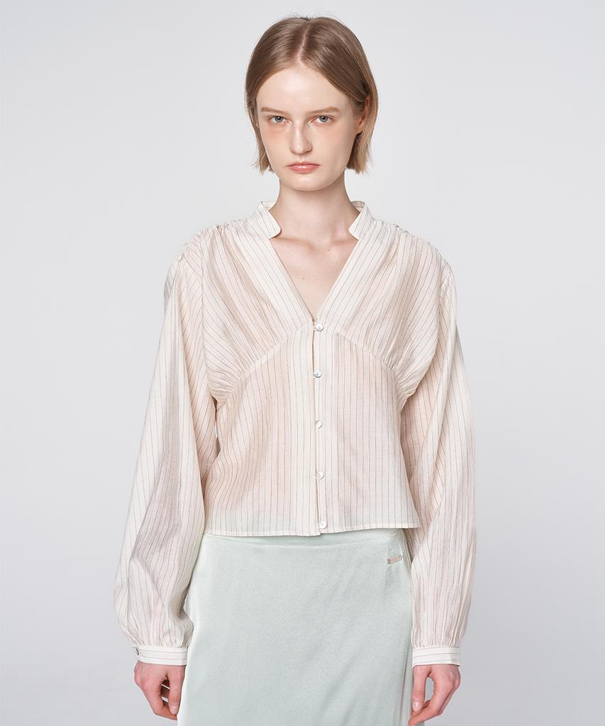 320SHOWROOM Shirred Texture Stripe Blouse Beige