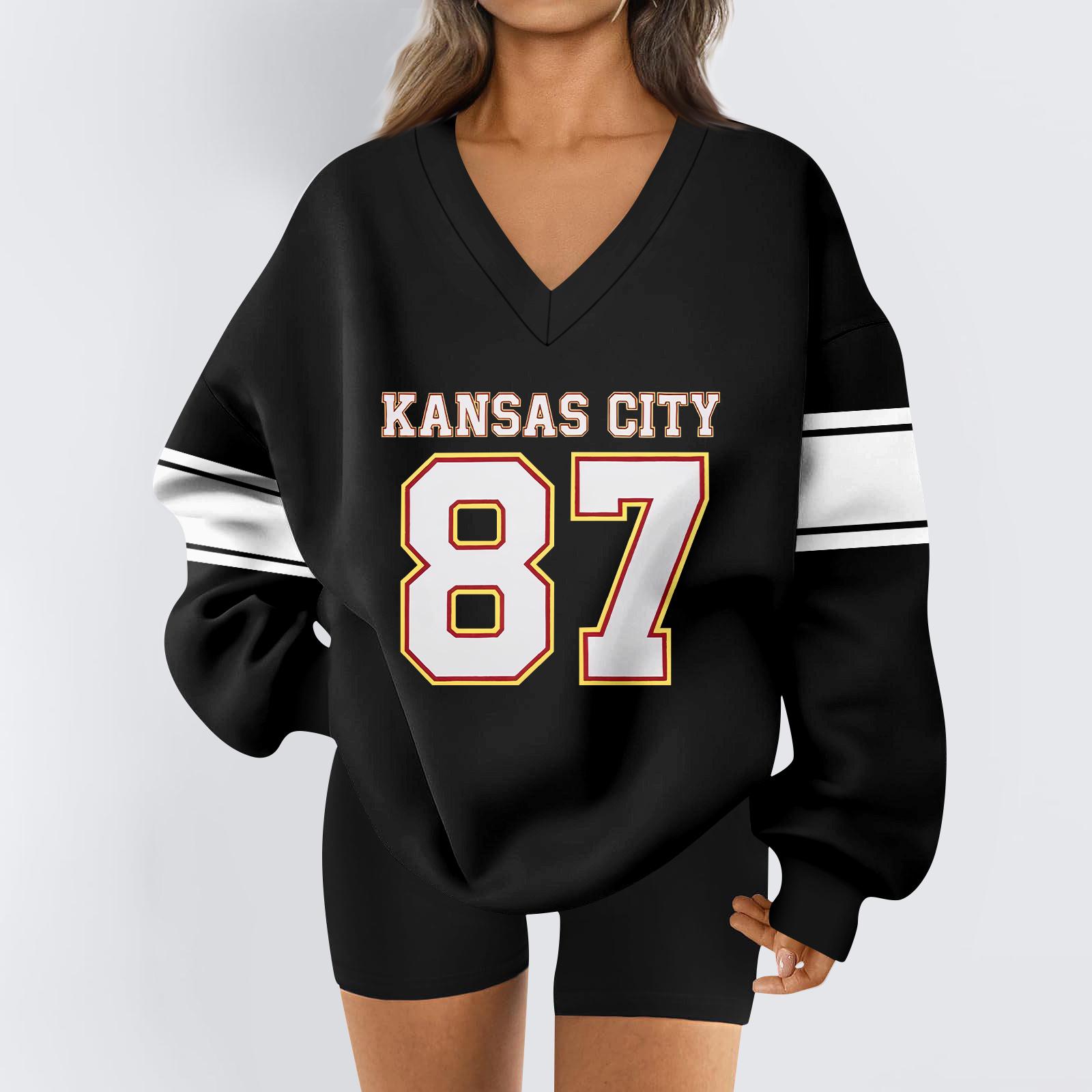 

Женская свободная и удобная спортивная одежда с V-образным вырезом и надписью, толстовка с длинным рукавом, повседневная одежда для сочетания XXL чёрный