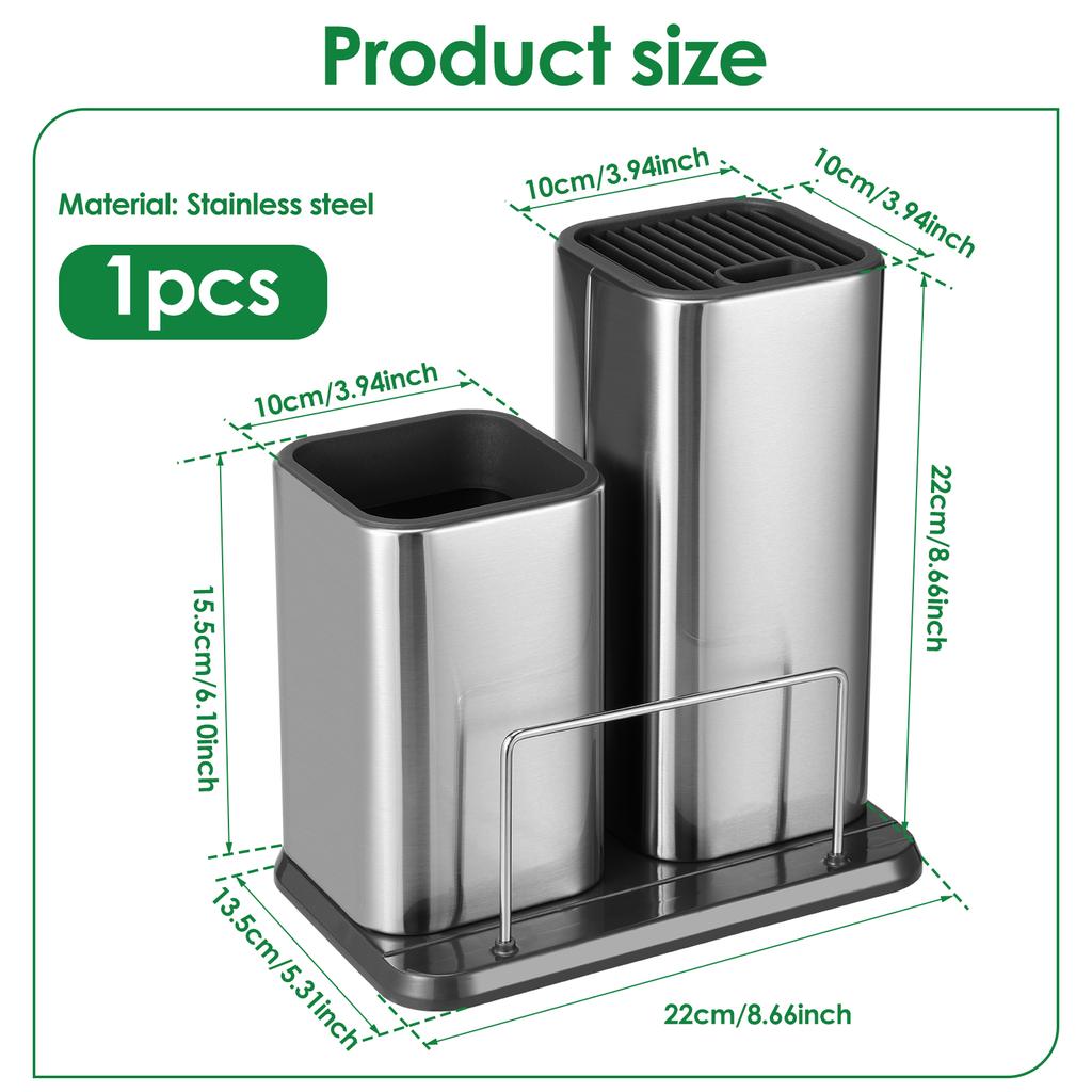2 in 1 Utensilien Messerhalter Essstäbchen Löffel Aufbewahrungsbox Edelstahlboden Abtropfgestell Küchenarbeitsplatte Tisch Geschirr Organizer Rack