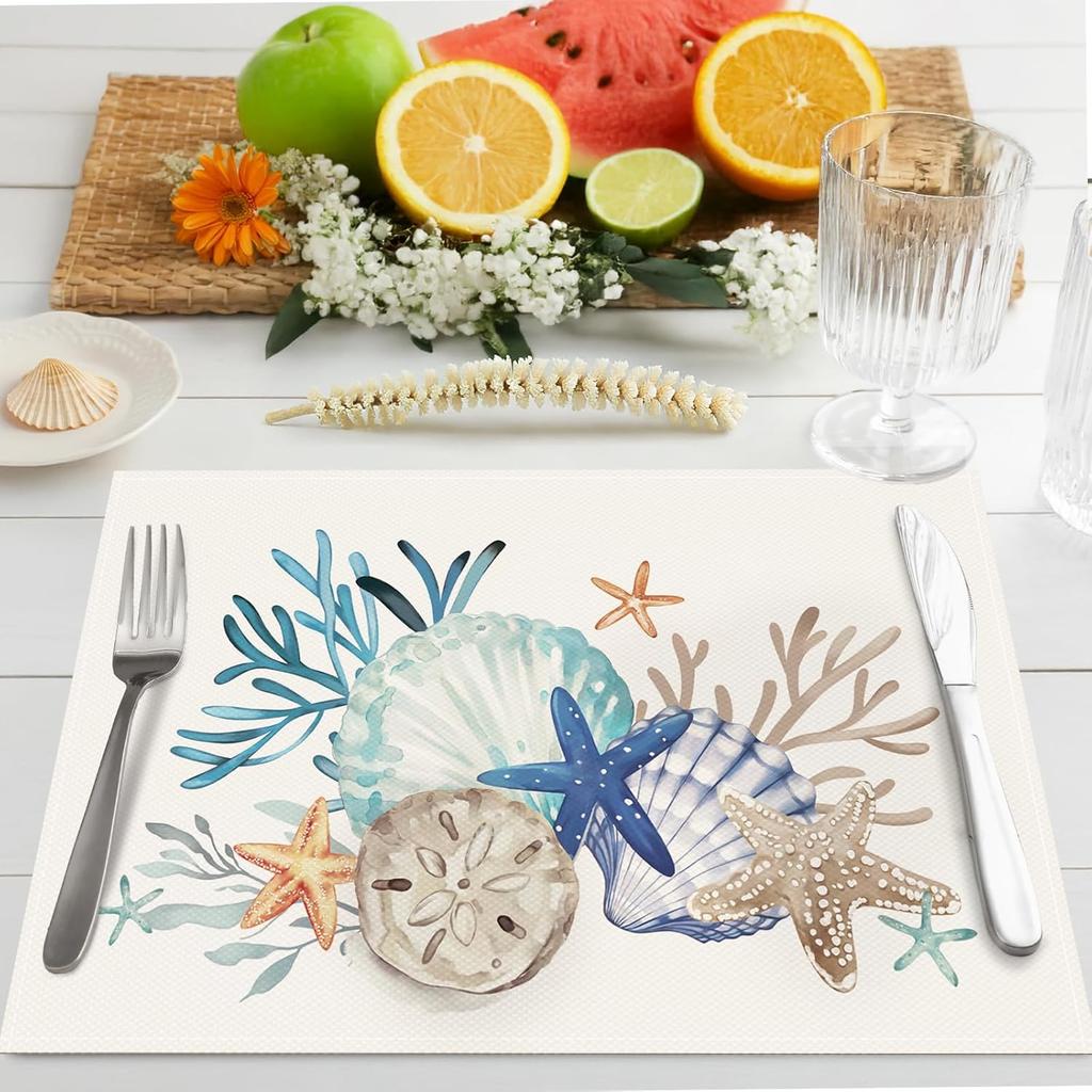 Bonhause Nautical Coastal Placemats Set of 4, 12x18 Inch Beach Starfish Seashell Ocean Coral Summer Kitchen Dining Table Mats Washable Place Mats for