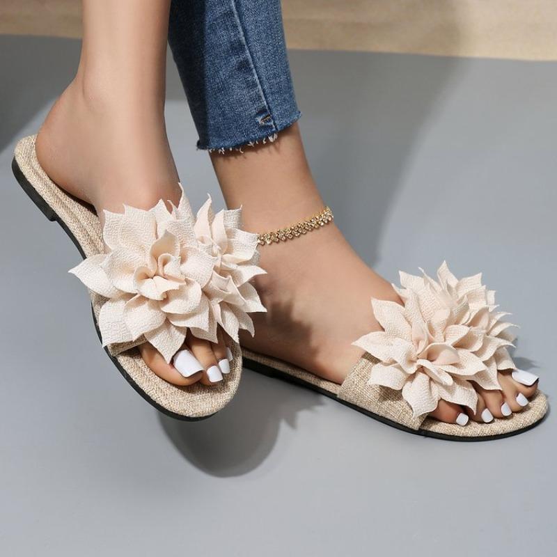 2026 NEW Summer Fashion Women's Flower Flat Slippers Casual Walking Shoes Dress Sandals Outdoor Beige Shallow