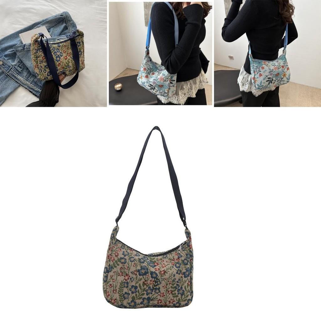 Stylish Casual Artistic Printed Crescent Bag In Deep Blue And Cream For Trendy Outings