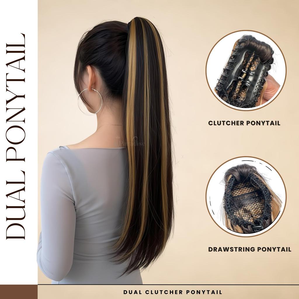 Paradise® Ponytail Hair Extensions for Women & Girls 28”, Brown With Golden Highlights Straight Long Length Half Wig, Claw Clip Clutcher Synthetic