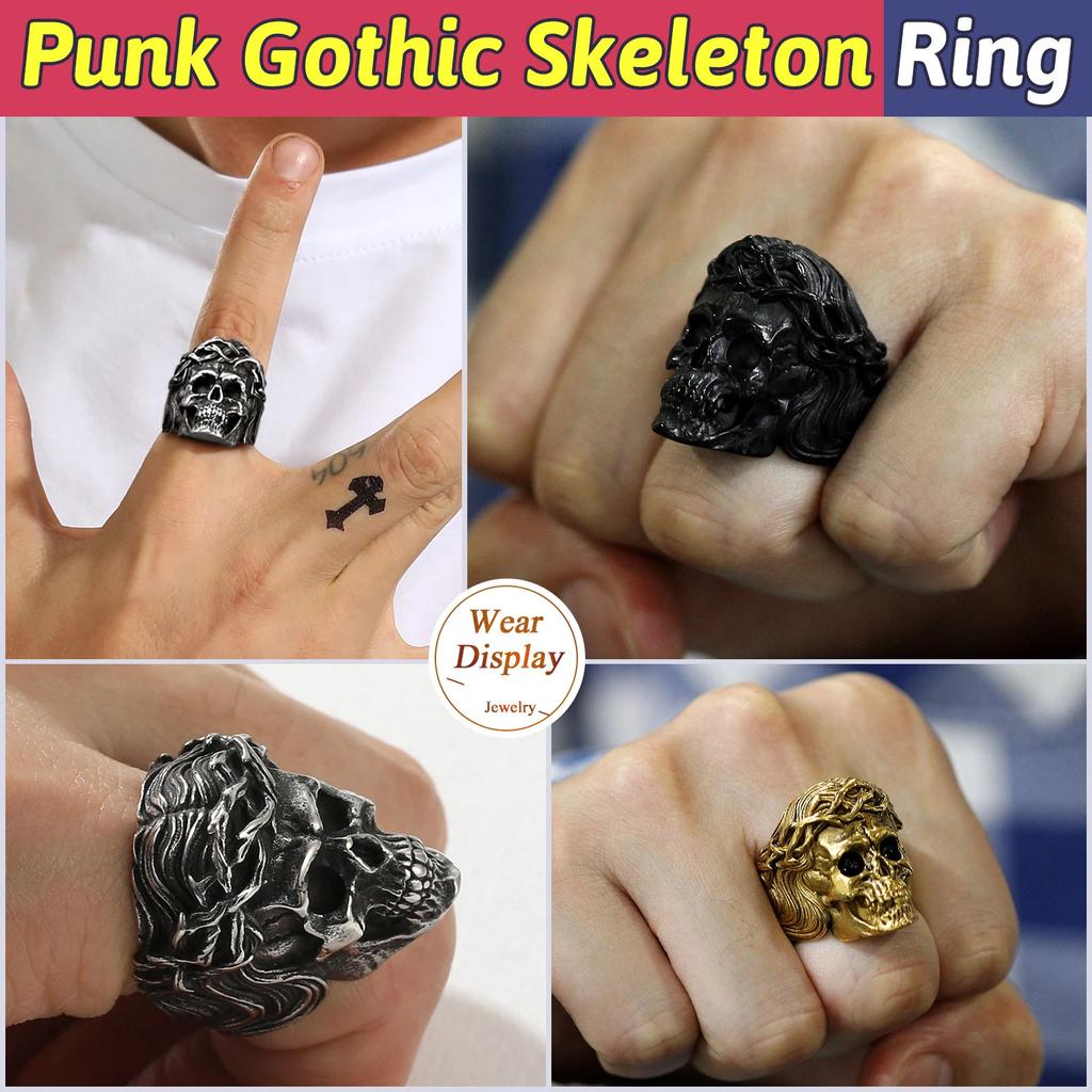 U7 Stainless Steel Big Skull Rings for Man Woman Size 7-14 Cross 3D Skeleton Cuban Chain Celtic Knot Pattern Gothic Punk Jewelry
