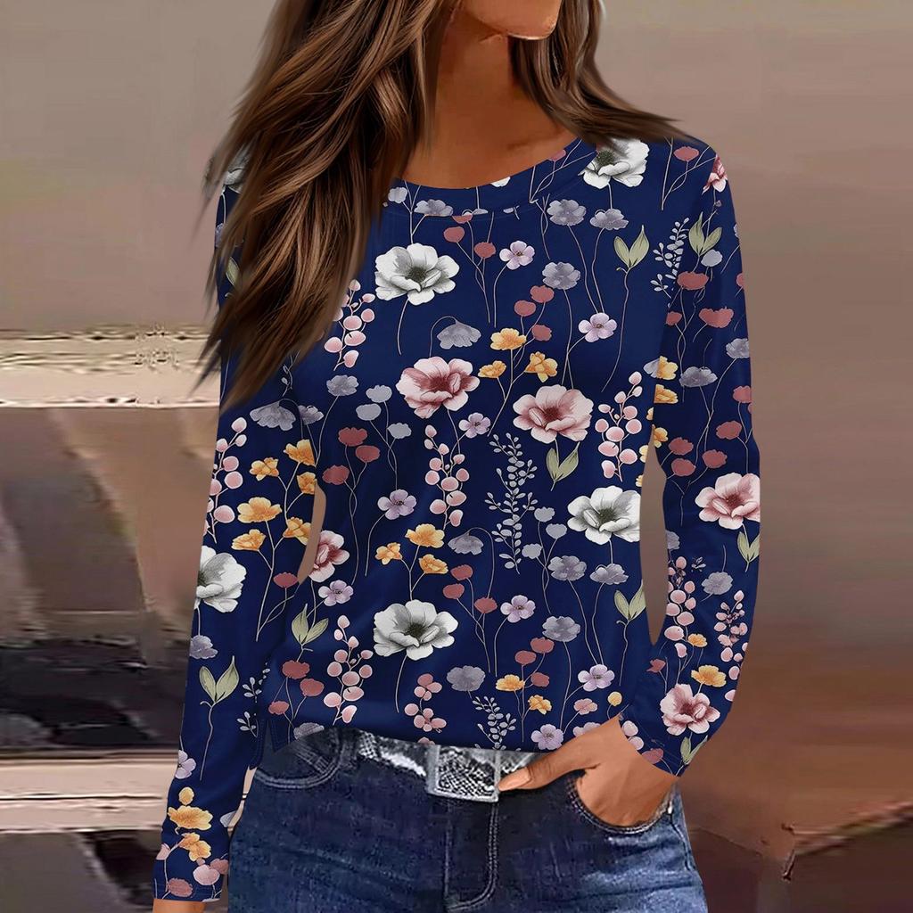 Women's Fashion Casual Slit Hem Round Neck Long Sleeve Loose Printed T-Shirt Ladies Top