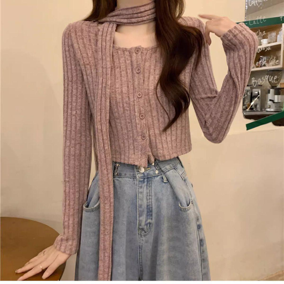 

Короткий кардиган французской вязки: Утягивающий, модный длинный рукав с шарфом и квадратным воротником Small