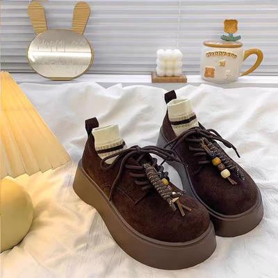 Retro Schnür-Slipper mit kleinem Absatz zur Höhenvergrößerung für Damen Herbst Neu Lässig Vielseitig Dicksohlige Boken-Schuhe Einzelner Schuh