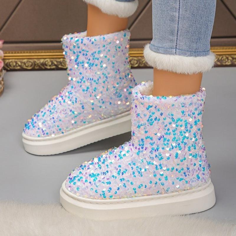 Large size thick-soled warm snow boots for women's winter new velvet thickened sequins comfortable outer wear casual cotton boots