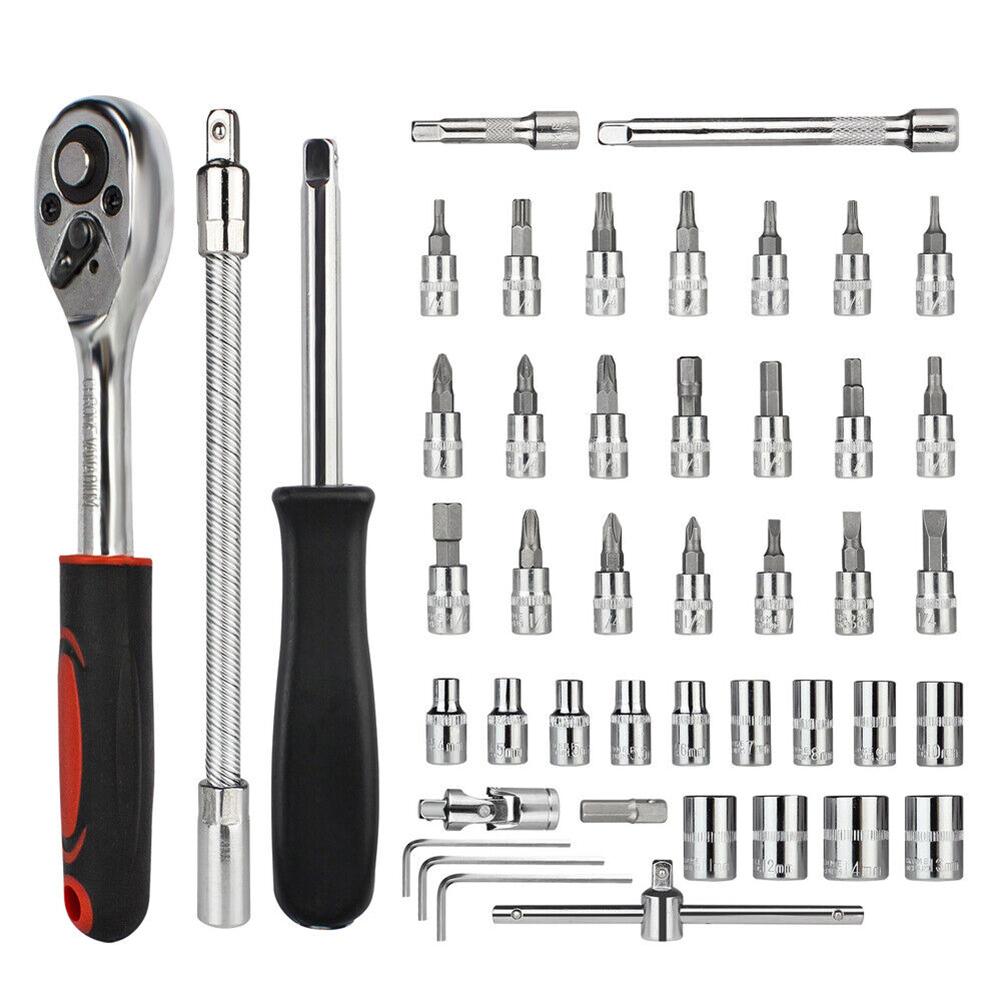 46 Pieces 1/4 " Drive Socket Ratchet Wrench Bit Bits Included Sliding Bar Extension Bar 1/4"Quick Ratchet Handle