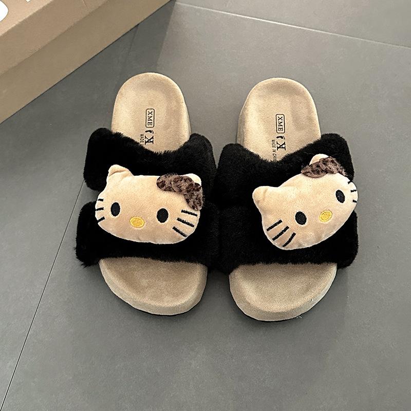 

Cute cartoon Hello Kitty fluffy shoes for women s 2025 autumn and winter new outer wear warm and velvet thick-soled one-word cotton slippers 35 чёрный