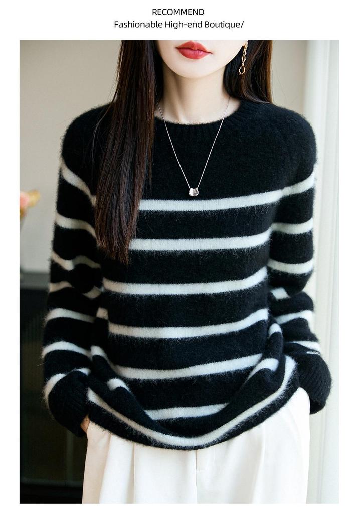 Women's Stylish Striped Loose-Fit Round Neck Wool Sweater - Soft Inner Layer for Fall & Winter