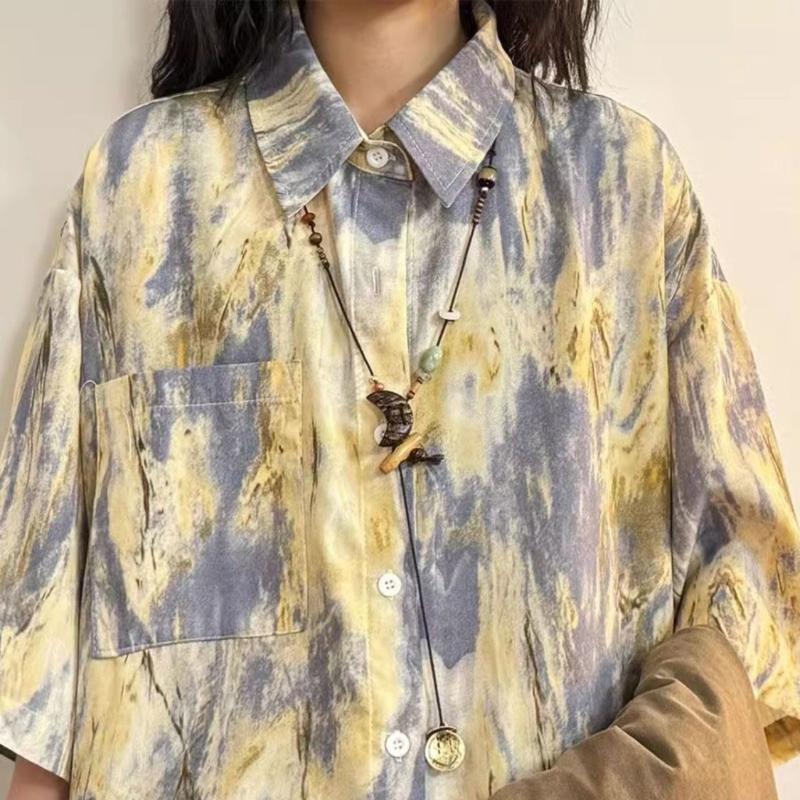 Japanese Printed Female's Short Sleeved Shirts Summer Single Pocket Cardigan Blouses Loose Turn-down Collar New Clothing