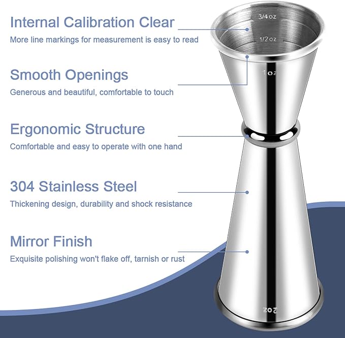 Double Cocktail Jigger - Premium 304 Stainless Steel 2 OZ 1 OZ With Measurements Inside for Bartending