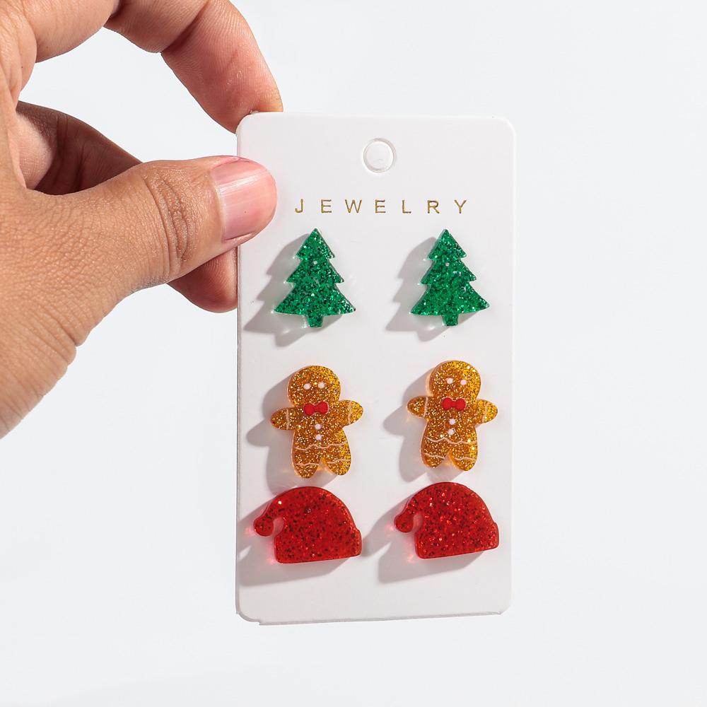 3Pairs/Set Christmas Acrylic Stud Earrings for Women Lovely Gingerbread Man Xmas Tree Snowman Earring Cute Jewelry Party Gift
