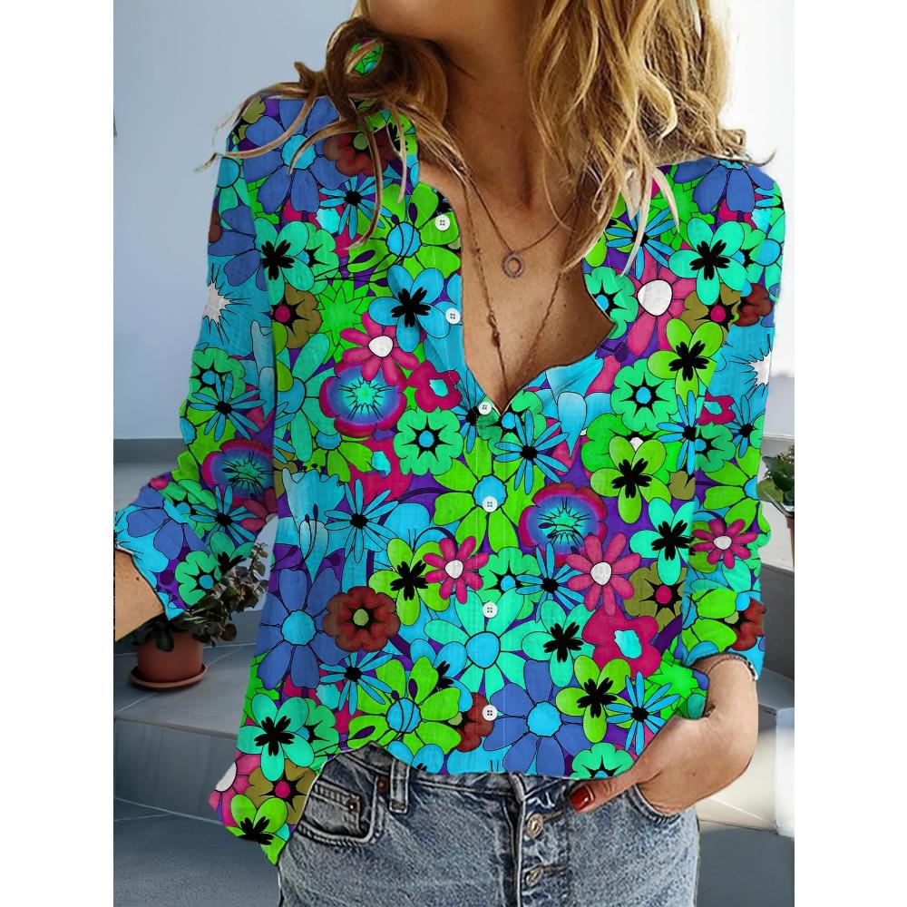 Women's Casual Flower Print Blouse Lapel Neck Blouse Women Long Sleeve Shirts Womens Clothing Casual Clothes Female Clothing