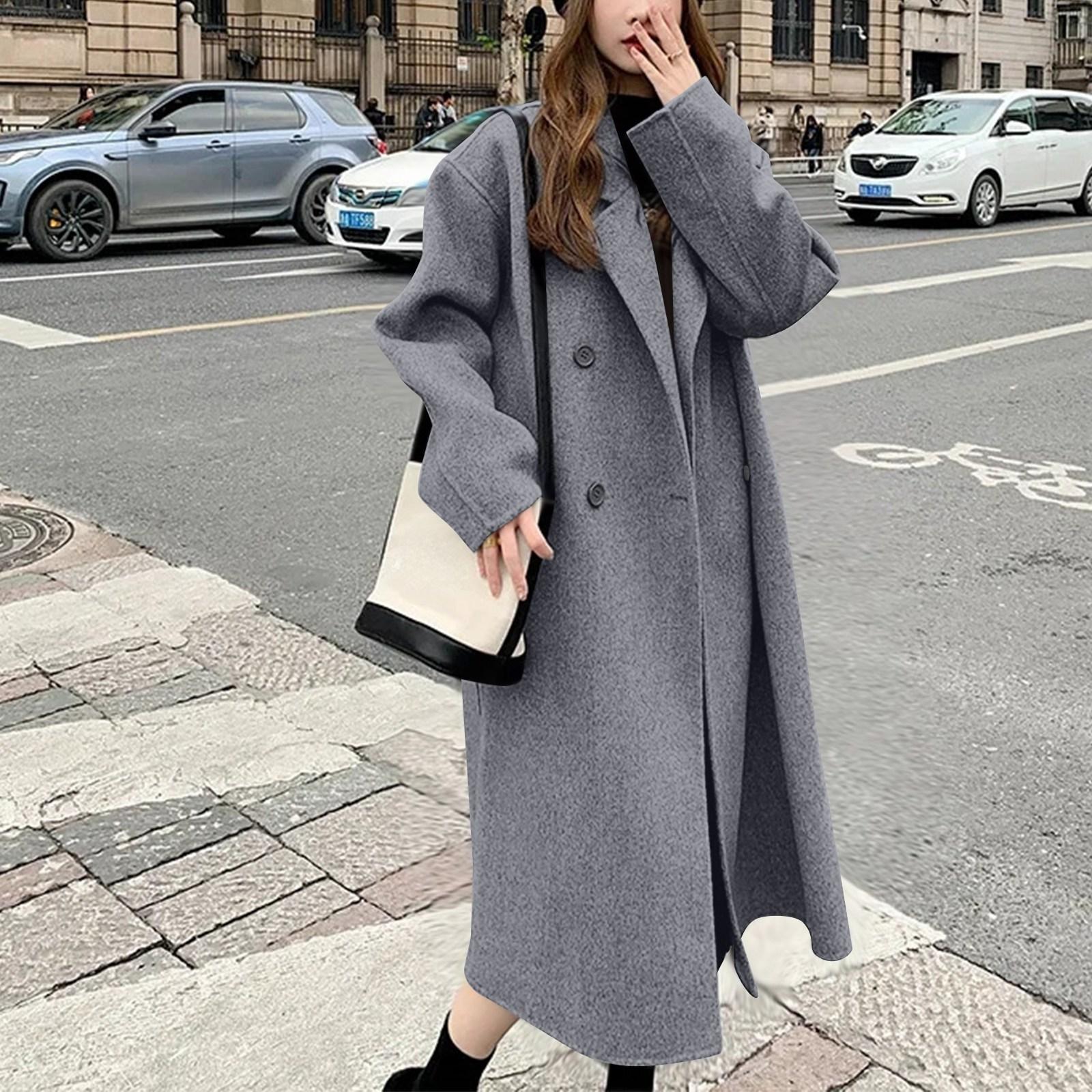 

Женское модное повседневное шерстяное однотонное длинное пальто XL
