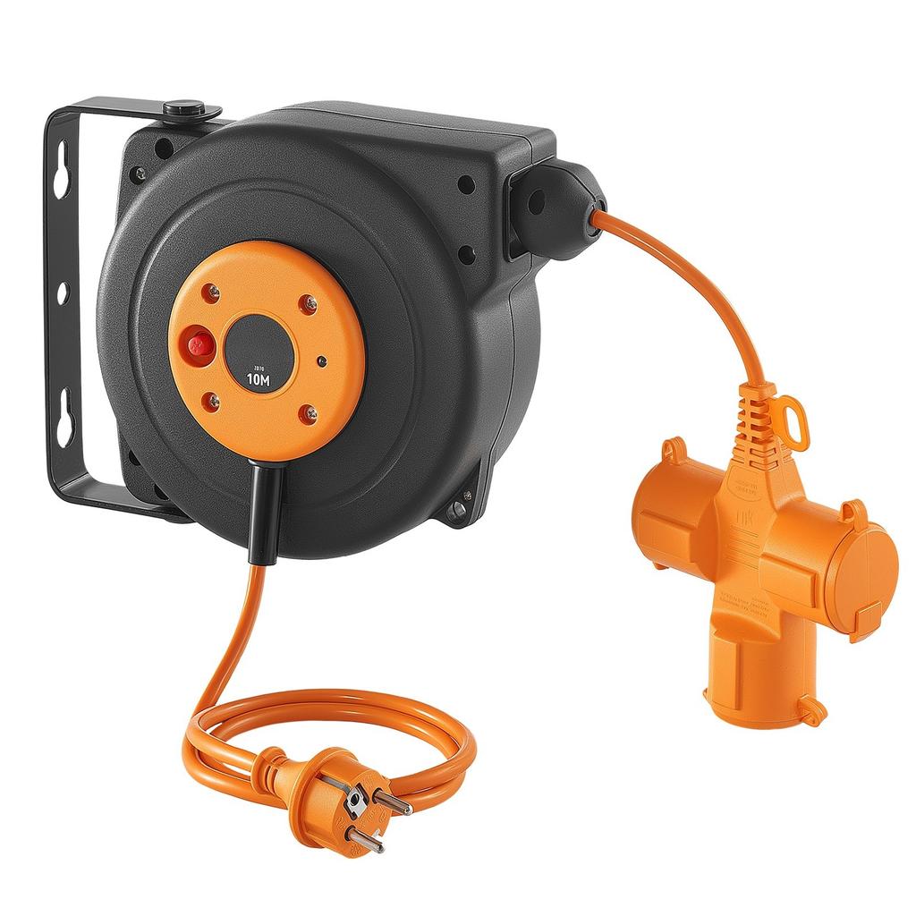 Retractable Extension Cord Reel 10 M Heavy Duty 16AWG / 3C Orange, for Ceiling/Wall Mount, Overheat Protection, Automatic Retractable Power Cord,