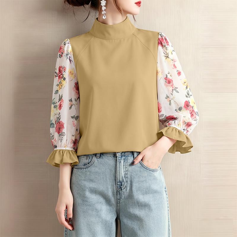 ZANZEA Women Stand Collar Floral Print Splice 3/4 Sleeve Blouse